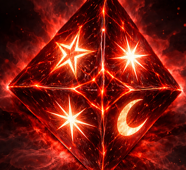 A glowing, fiery red geometric form resembling a faceted diamond or cube floats against a dark background. Its surface is etched with bright, symmetrical lines that divide it into panels, each containing luminous symbols: three radiant starbursts and a crescent moon. The intense red and orange light gives the piece an otherworldly, cosmic energy, as if the object is radiating heat and power from within.