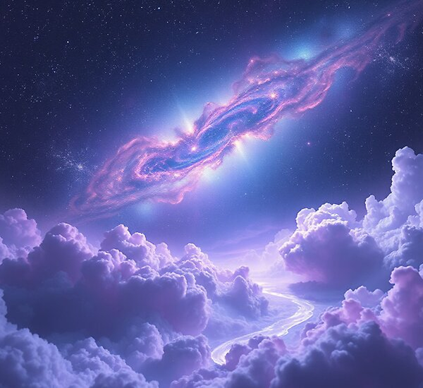 Fantasy Galaxy. Dreamlike purple galaxy stretching across a star-filled sky, with glowing pink and violet clouds swirling around a luminous cosmic rift above soft, billowing clouds—evoking a magical, otherworldly fantasy landscape.