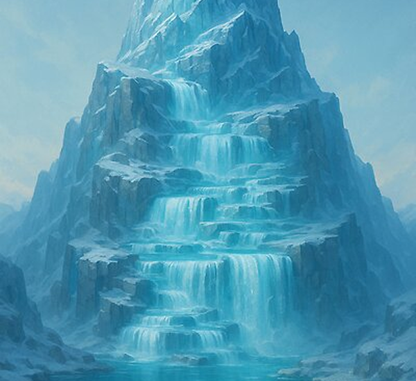 Cloudrent Heights. Digital painting of a misty mountain passage in the Crystalbloom Range, with layered stone steps covered in thin waterfalls and ice, framed by towering cliffs and distant snow-capped peaks.”