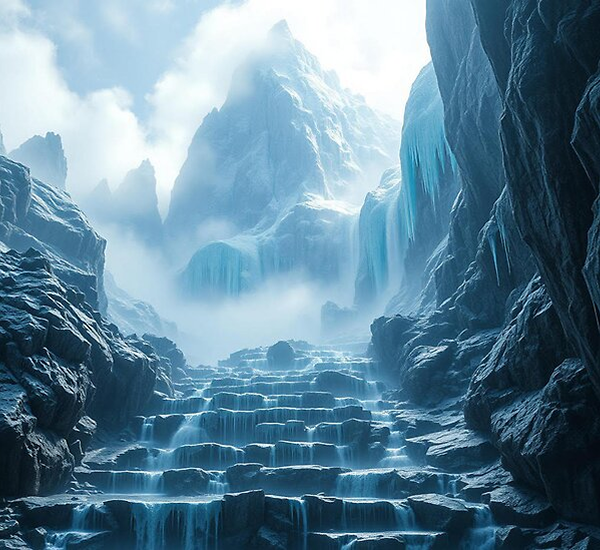 Crystalbloom Range. A misty, icy mountain landscape with cascading frozen waterfalls flowing down stepped rock formations. Tall, jagged cliffs rise on both sides, covered in snow and icicles, while soft fog drifts through the scene, creating a cold, serene, and otherworldly atmosphere.