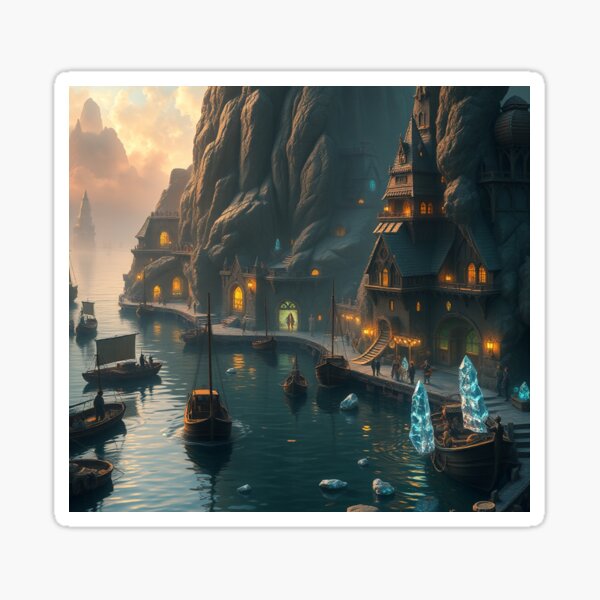 This image depicts a serene, fantasy-style harbor village nestled against towering, rugged cliffs. Warm golden lights glow from the windows of quaint, steep-roofed buildings carved into the rock face, creating a cozy contrast against the cool blues of the water and stone. Small wooden boats float gently in the calm harbor, some docked along the curved shoreline while others drift quietly nearby.