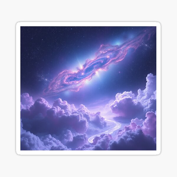 Art piece is caled Fantasy Galaxy. A dreamy, otherworldly scene unfolds beneath a vast, star-speckled sky. A luminous, swirling nebula stretches like a celestial ribbon across the heavens, glowing in shades of violet, pink, and soft blue. Its radiant core casts a gentle, ethereal light that illuminates the landscape below.