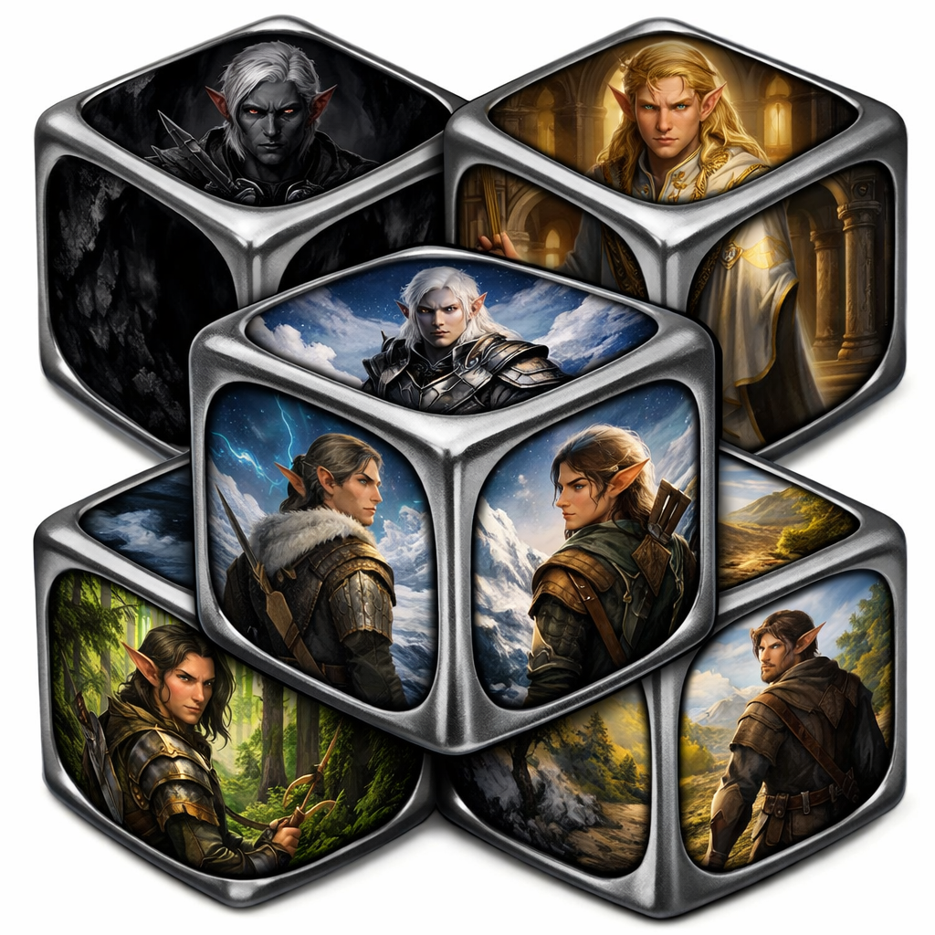 Elf Dice. Fantasy-themed digital illustration of interlocking cube-like panels, each face depicting different armored characters—elves and warriors—set against varied environments like forests, mountains, and dark, shadowy realms; central focus on two figures facing each other.